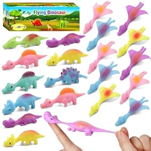20 Pcs Slingshot Dinosaur Finger Toys, Halloween Toys Party Favors for Kids Sticky Rubber Dino Flying Catapult Fidget Toys for Boys Girls Goodie Bag Easter Basket Stuffers Valentines Xmas Gifts