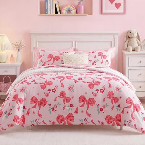 Image of Twin XL Comforter Set for Girls Pink Bow Floral 5 Pieces Bed in a Bag