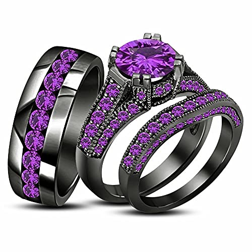 Reyansh Fashion Created Round Cut Purple Amethyst In 925 Sterling Silver 14K Black Gold Over Diamond Wedding Band Engagement Bridal Trio Ring Set for Him & Her