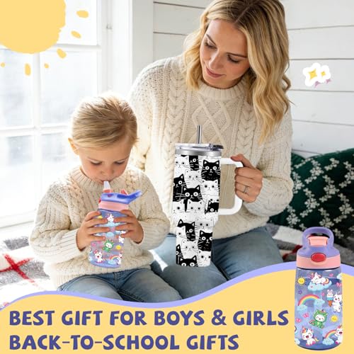 Image of 14oz Unicorn Kids Water Bottle with Straw - Rainbow Water Bottle For School, Leakproof, Lightweight, Durable Plastic Bottles for Kids Travel, Pop-Up Straw Cover, Gift Cup for Girls (Unicorn)