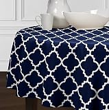 A LuxeHome Navy Blue and White Modern Contemporary Trellis Tablecloths Dining Room Kitchen Round 90"