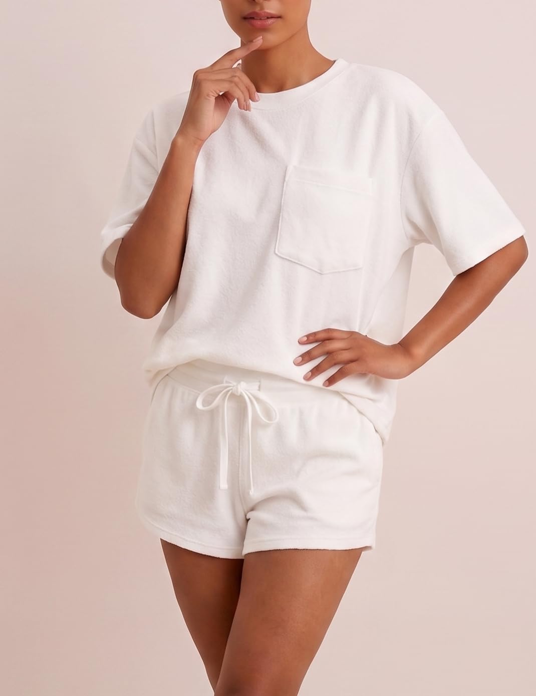Haellun Womens 2 Piece Lounge Set Soft Short Sleeve Top and Drawstring Shorts for Summer