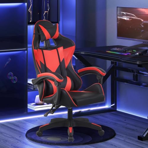 MOBI Silla Gamer Modelo Asher - Color Negro con Rojo Ergonómica, Reclinable, Giratoria 360°, Altura Ajustable, Ideal para Juegos de Video, Computador