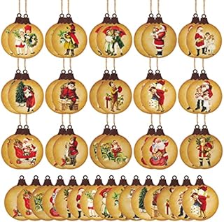 GROBRO7 31Pcs Christmas Round Wooden Baubles Pendant Vintage Xmas Tree Hanging Decoration with String, Wood Tags Ornament for DIY Crafts, Creative, New Year Festival Party Supplies