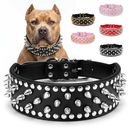 Frienhund Anti-Bite Wide Spiked Studded Dog Collar: Adjustable PU Leather Dog Collars for Medium & Large Dogs Heavy Duty Metal D-Ring Neck Protection Punk Style Black XS (14.57 - 17.72)