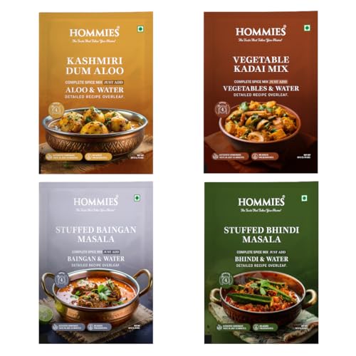 Image of Hommies Curry Spice Combo | Kashmiri Dum Aloo, Vegetable Kadai, Stuffed Baingan Masala & Stuffed Bhindi Masala | Ready to Cook | Just Add Veggies & Basics | Serves 4 Each | No Preservatives | Vegetarian| Pack of 4 (50g Each, Total 200g) (Combo of 4-4)
