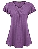 Nomorer Ladies Flair T Shirt Short Sleeve, V Neck Dressy T Shirt Feminine Fit and Flare Ruched Knit Tops Purple XL
