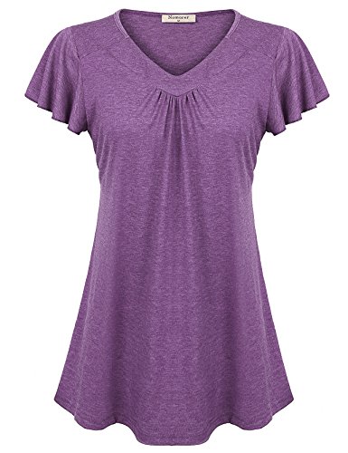 Nomorer Ladies Flair T Shirt Short Sleeve, V Neck Dressy T Shirt Feminine Fit and Flare Ruched Knit Tops Purple XL