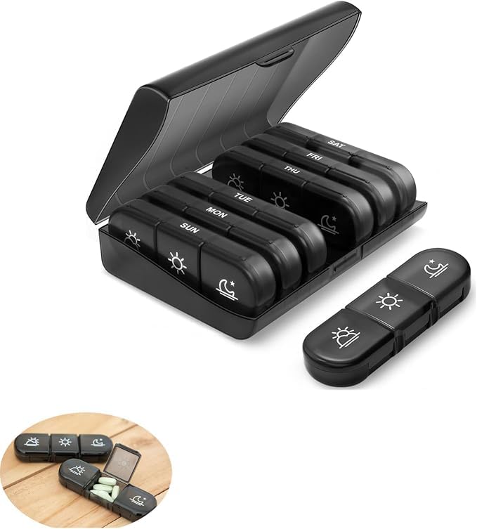 PUJI Weekly Medicine Organizer Box – 7-Day Pill Case with 3 Daily Compartments for Morning, Afternoon & Night, Portable Travel Tablet Storage Box, Black, Pack Of 1-image-13