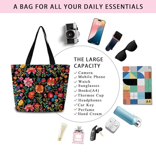 Bolso Tote Florido Colorido Estético con Bolsillo Interior con Cremallera Ligero y Lavable Estilo Bohemio para Mujeres miniatura 7