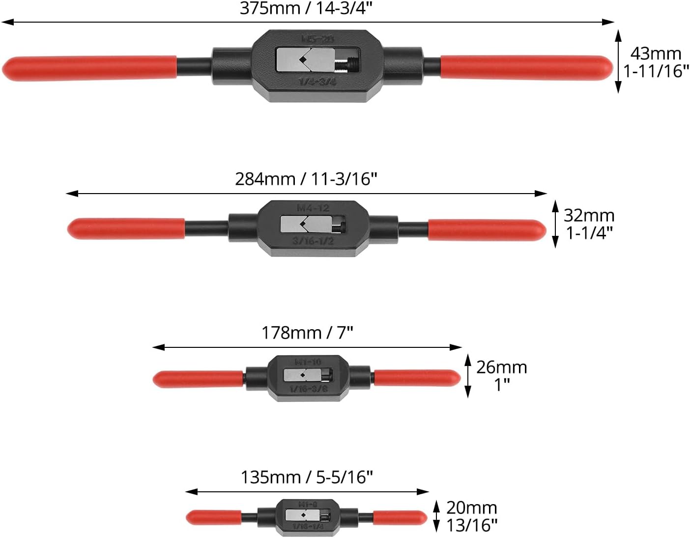 QWORK Adjustable Tap Wrench Set, 4 Pack Ratcheting Tap Handle Tap Reamer Handle Tool for Tapping, Extracting (1/16"-3/8", 3/16"-1/2", 1/16"-1/4",1/4"-3/4")