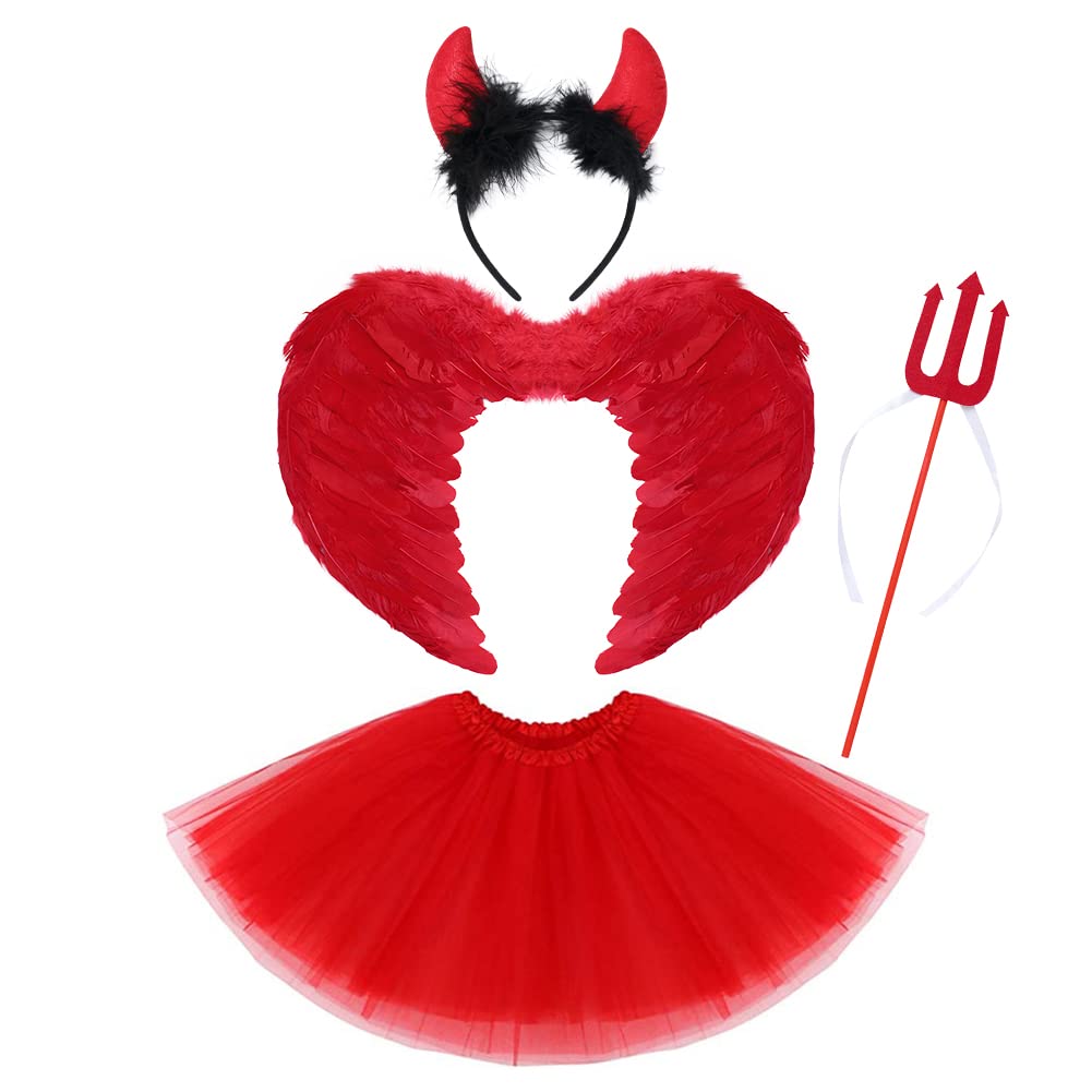 IMEKIS Engel/Teufel Kostüm Für Mädchen – Mit Tutu, Stirnband, Flügeln & Zauberstab, Für Halloween & Karneval