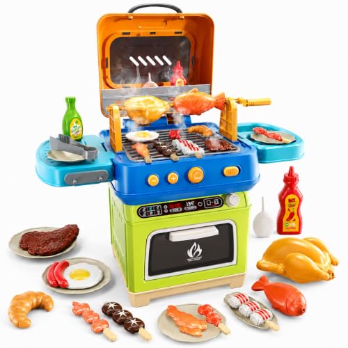 Image of Kids BBQ Grill Playset Toy, 2-Layer Play Kitchen Toddlers Toys with Oven and Smoke, Cooking Toys for Kids Ages 4-8, Light and Sound, Barbecue Outdoor Grill Play Gift Toy for Toddler Girls 3-5