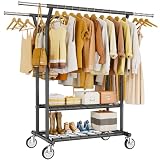 HYSEYY Heavy Duty Clothes Rack, Rolling Clothing Rack With Shelves Load 620 LBS, Double Rod Clothing Racks for Hanging Clothes, Portable& Adjustable Clothes Rack with Wheels,Black