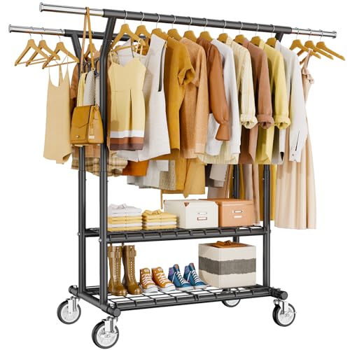 HYSEYY Heavy Duty Clothes Rack, Rolling Clothing Rack With Shelves Load 620 LBS, Double Rod Clothing Racks for Hanging Clothes, Portable& Adjustable Clothes Rack with Wheels,Black