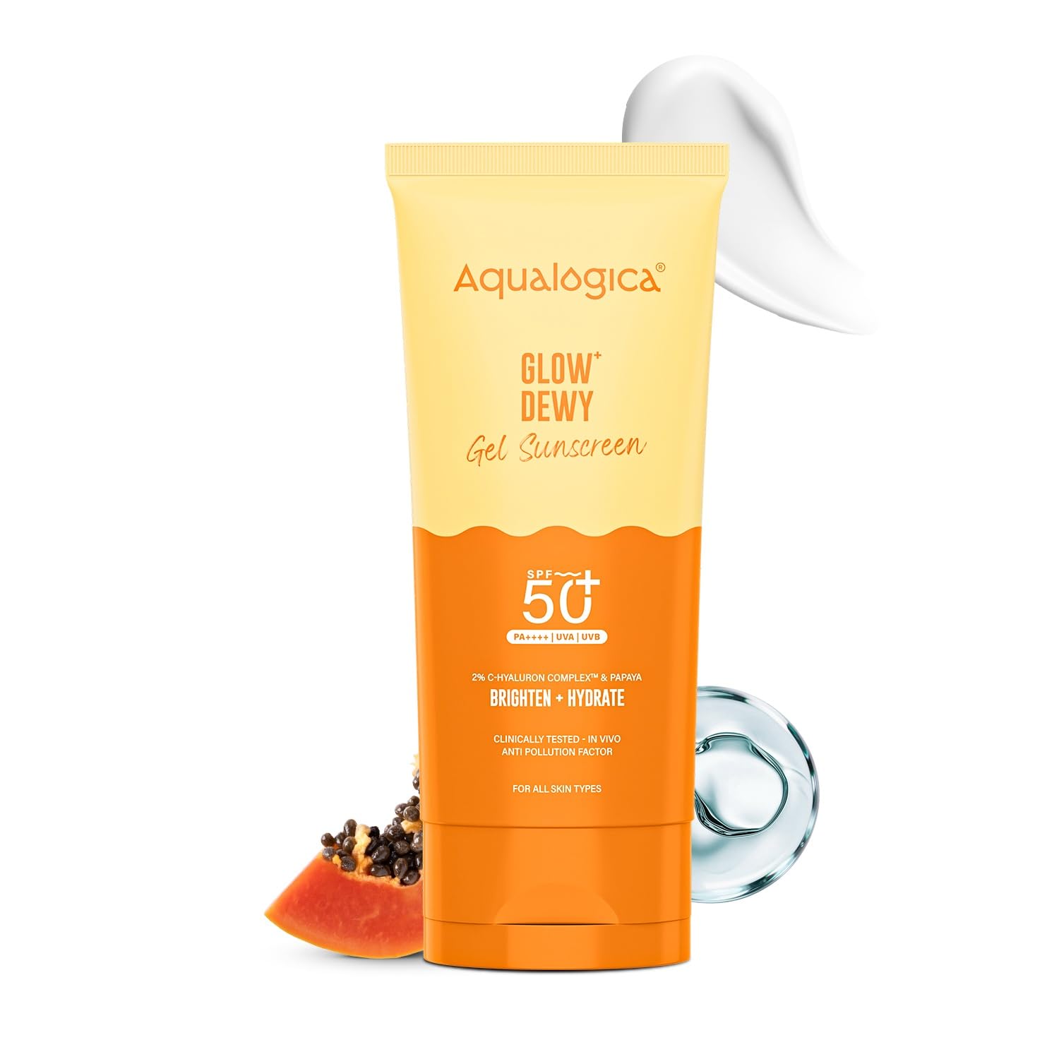 Aqualogica Glow+ Dewy Gel Sunscreen - 80 g | SPF 50+ PA++++ | In-Vivo Tested | New-age Filters | 12-Hour* Sun Protection | Anti-Pollution Factor | For Bright & Hydrated Skin | Fragrance-Free & No White Cast | C-Hyaluron Complex™ & Papaya | Broad Spectrum UVA/B & Blue Light Protection | Lightweight | For Men & Women
