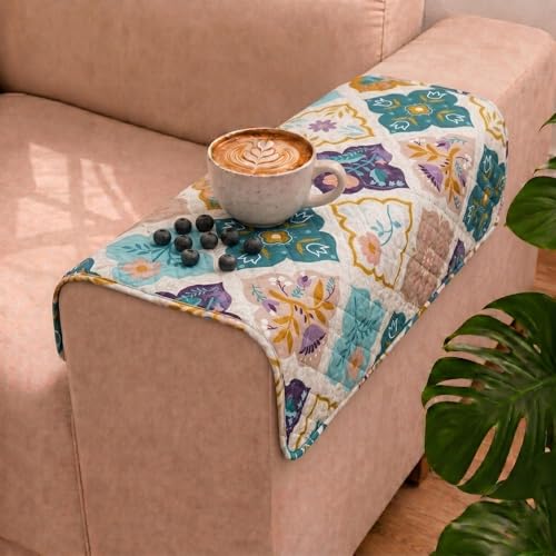 Image of STITCHNEST 'Frostvine Collection' Sofa Armrest Cover | Cotton Quilted Fabric, Washable & Durable for Modern Living (18 x 22 Inches)