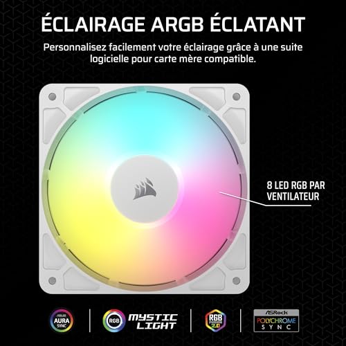 CORSAIR RS120 ARGB 120mm Ventilateur PWM – Connexion Daisy-Chain – Faible Bruit – Roulement à Dôme Magnétique – Paquet Unique – Blanc