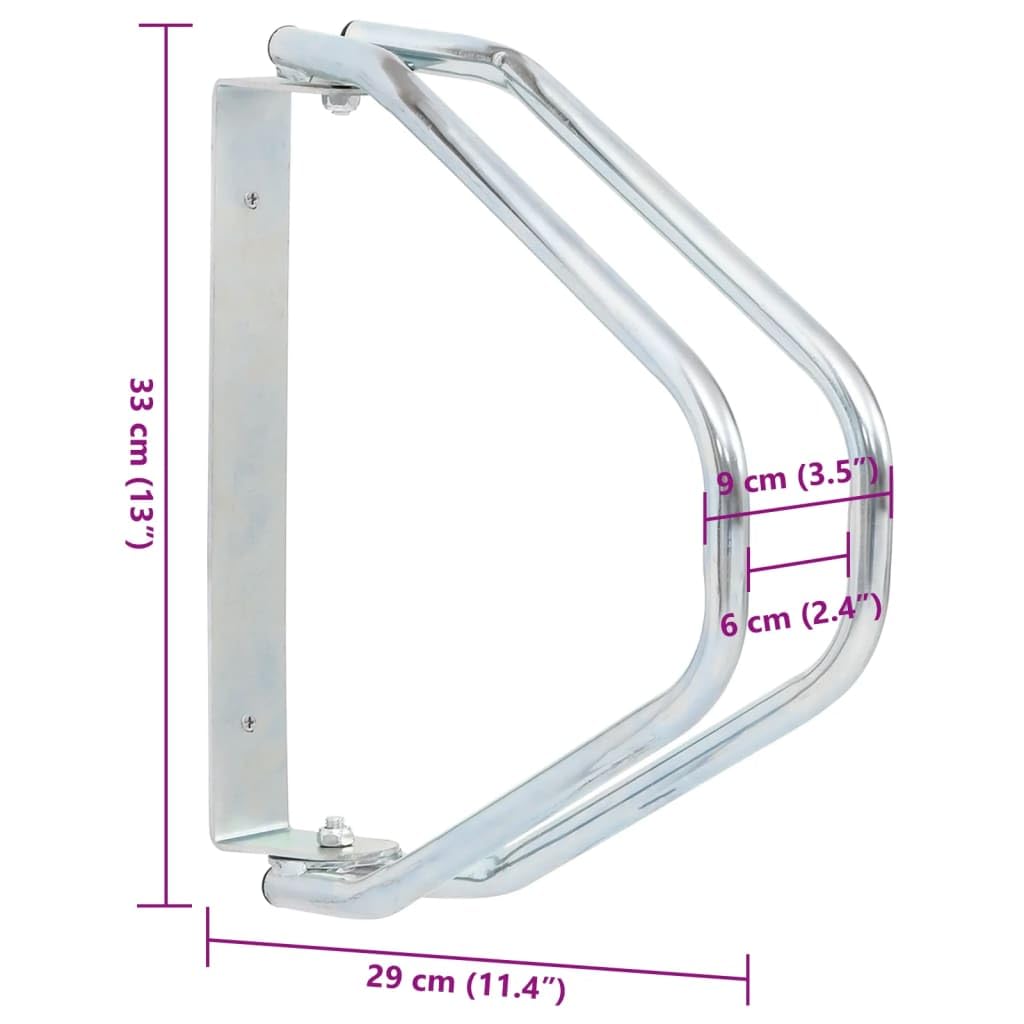 2 soportes para bicicleta de acero galvanizado, 180°, ajustable para neumáticos de hasta 6 cm, color plateado, con material de fijación para garaje, sótano, taller y patio