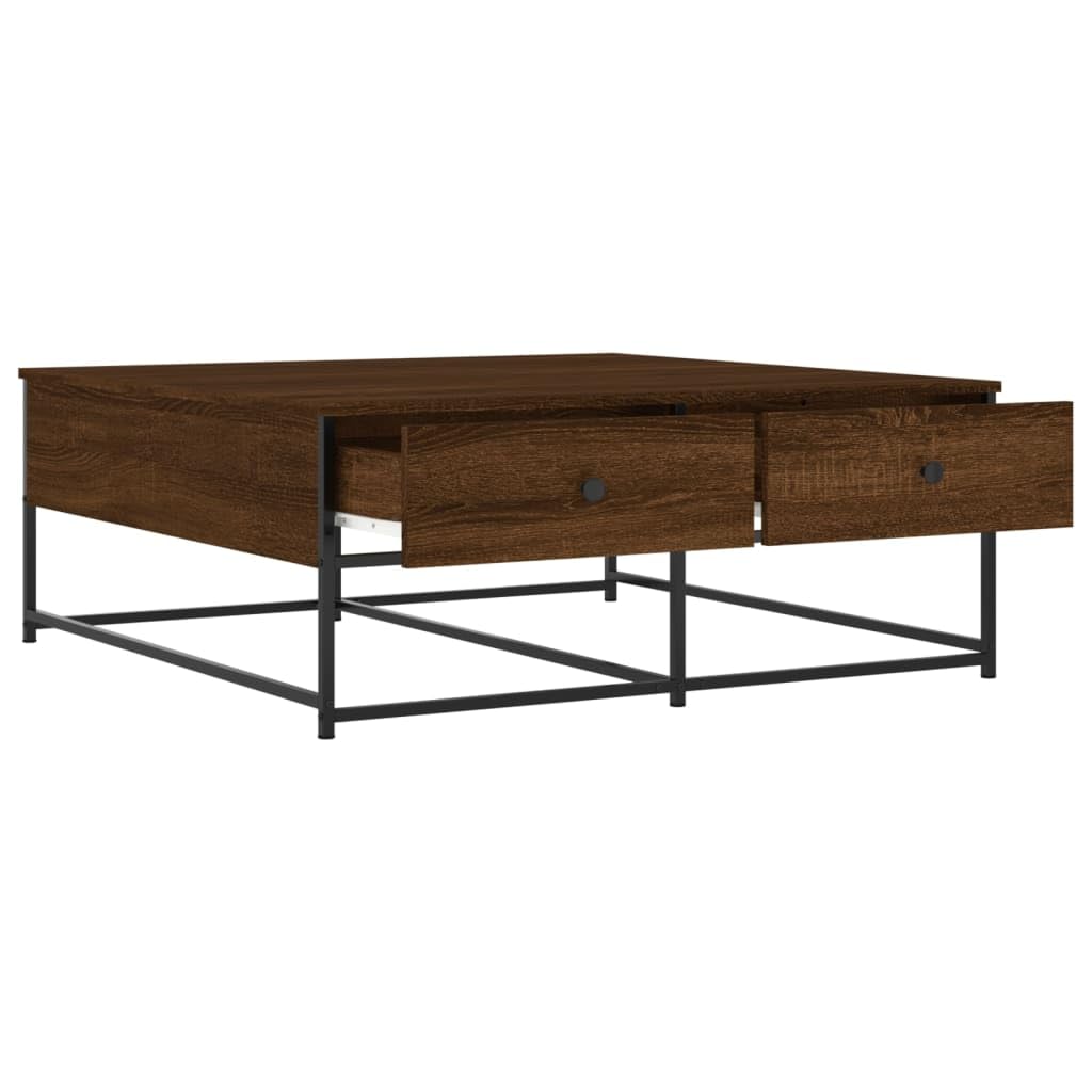 Hothingwell Inżynieria Drewniany Stolik kawowy 100x99x40 cm Brązowy | 2 szuflady do przechowywania, stabilna góra, wytrzymała metalowa rama, idealna do salonu