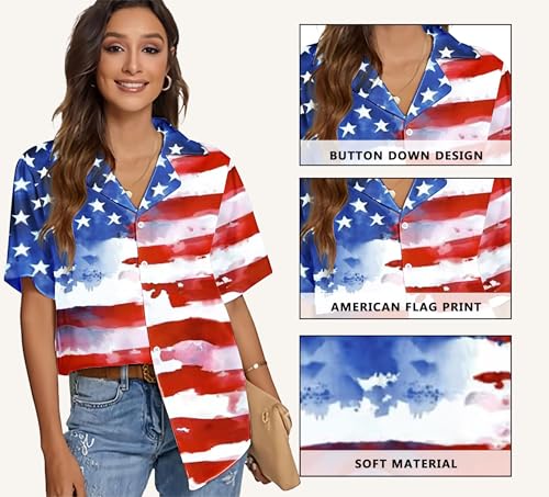 Image of American Flag Shirt for Women 4th of July USA Button Up Tops Summer Hawaii Floral Patriotic Stripes Graphic Tee