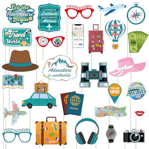 28pcs Travel Theme Photo Booth Props Let The Adventure Begin Decorations Bon Voyage Party Photo Props for Graduation Travel Retirement Around The World Decorations