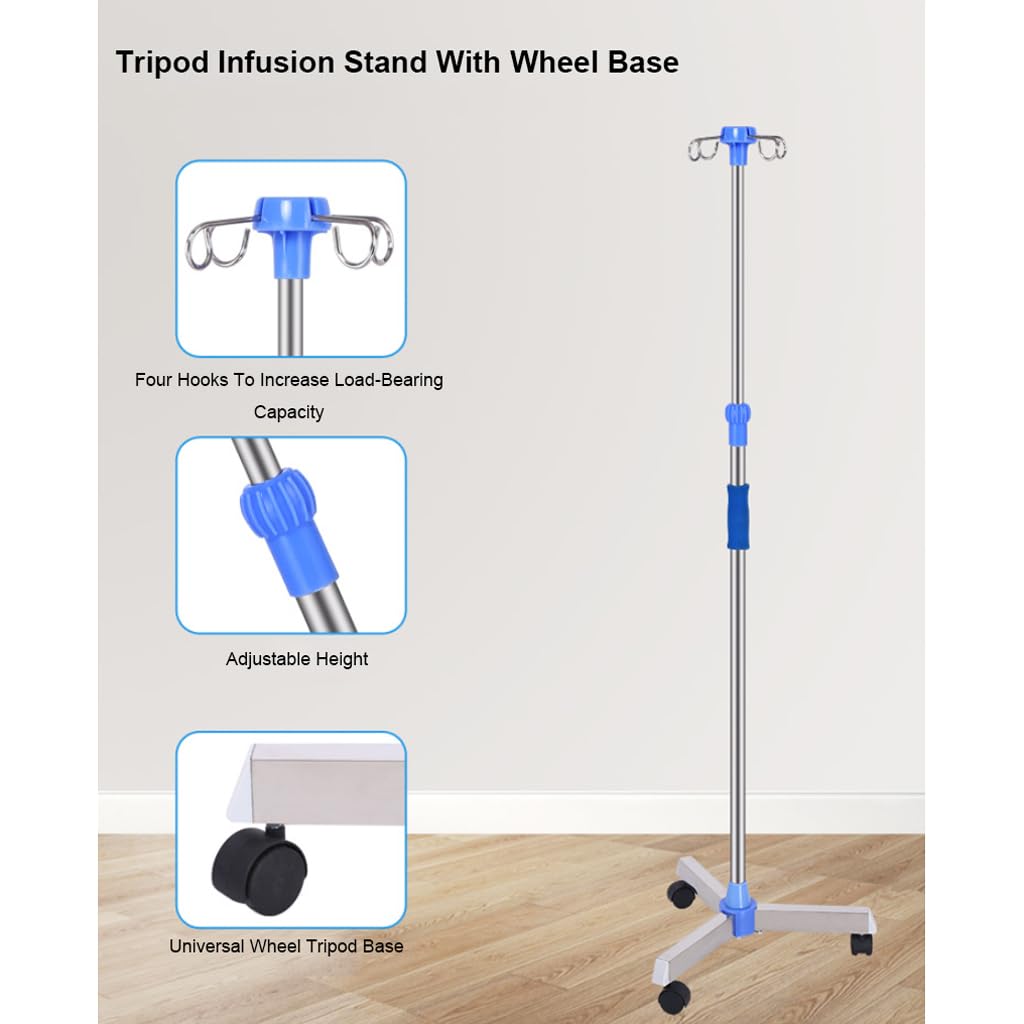 Wysuwany stojak do infuzji dożylnych, Stojak ze stali nierdzewnej z kółkami i 4 haczykami o regulowanej wysokości 110-200 cm Opieka domowa