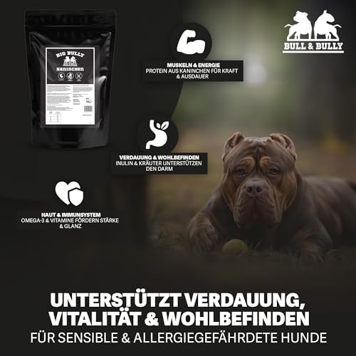 BULL & BULLY – Big Bully Kaninchen 250 g Hundefutter Trocken Getreidefrei – Energiereiches Trockenfutter & Hundeleckerli für Starke, aktive Hunde – Dog Food & Leckerlies für Hunde mit viel Protein