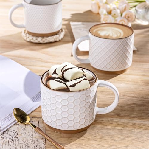 GBHOME 12OZ Stackable Coffee Mugs, Ceramic Coffee Mugs with Texture Patterns for Man,Woman,Dad,Mom, Modern Coffee Mugs Set of 4 for Latte/Cappuccino/Cocoa. Dishwasher&Microwave Safe, Off White - Image 6