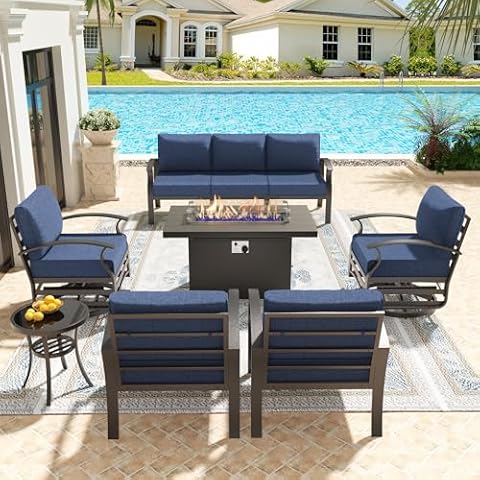Kullavik Aluminum Patio Furniture Set,7 Pieces 7 Seat Metal Outdoor Furniture Conversation Set w/45 Propane Gas Fire Pit&Swivels,Navy Blue Cover