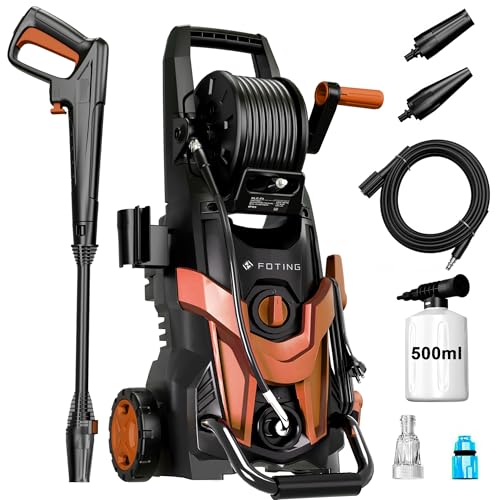 Hidrolimpiadora de Alta Presión 180 Bar, Caudal 420 l/h, Boquilla 6 in 1, 50 m²/h, con Lanza, Manguera y Depósito de Espuma 500 ml, para Coche, Jardín y Hogar