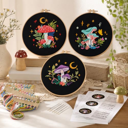 Image of Nuberlic 3 Pack Embroidery Kit for Adults Beginners, Stamped Cross Stitch Starter Kit with Mushroom Patterns, Embroidery Hoops, Threads, Needles & Instructions, DIY Needlepoint Craft Gift