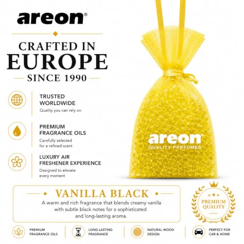 Image of AREON Pearls Vanilla Black Hanging Air Freshener, Quality Perfume Pack of 3 | Long Lasting Fragrance - Premium Quality Perfume - Eliminates Unpleasant Odors - Ideal for Car - Home - Office - Wardrobe
