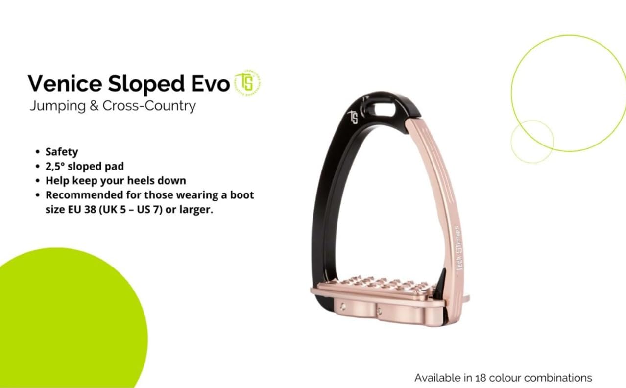 Tech Stirrups Venice Sloped EVO Sichereheitssteigbügel I CNC gefertigt I Aluminium I Rutschfester Grip I geeignet für Spring und Gelände reiten (Rosegold/Schwarz)