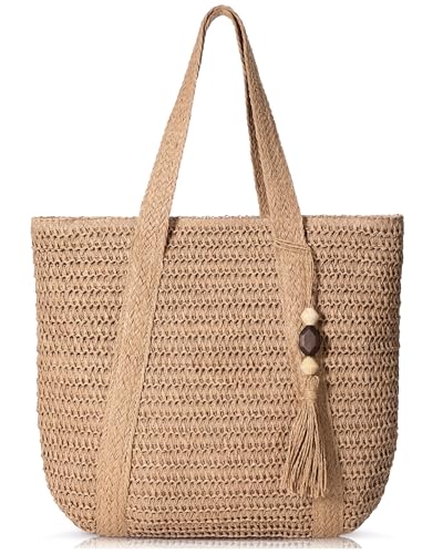 Image of Beach Bags for Women - Straw Bag with Zipper, Soft Woven beach bag, Casual Straw Shoulder Bag for Daily Use