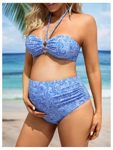 SHENHE Women's Maternity Swimsuits 3 Piece High Waisted Halter Bandeau Bikini Set with Cover Up4