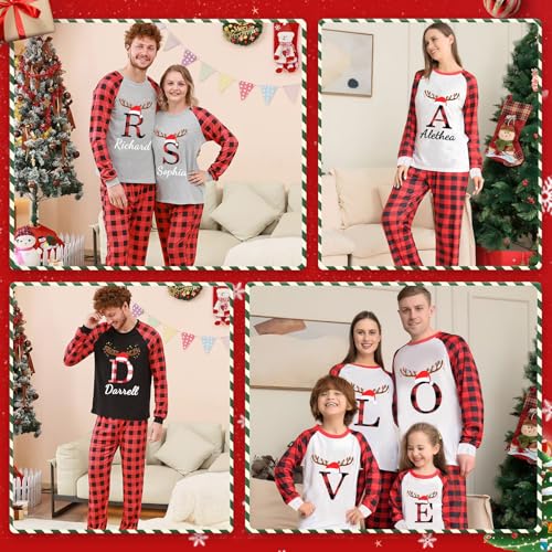 Personalized Monogrammed Christmas Pajamas for Couple Custom Initial Letter Family Christmas Shirt Plaid Pants Set2