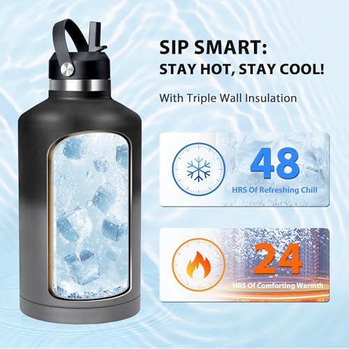 Image of One Gallon Insulated Water Bottle, Triple Wall 128 oz Stainless Steel Wide Mouth Water Bottles (Cold for 48 Hrs), Leak Proof, Non-BPA, Large Water Flask Jug with Paracord Handle & Straw Spout Lids