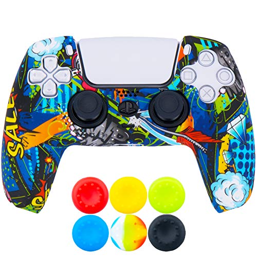 9CDeer 1 x Silicona Transferir Impresión Protector Grueso Cubrir Piel + 6 Apretones de Pulgar para PlayStation 5 / PS5 Mando Grafito Azul