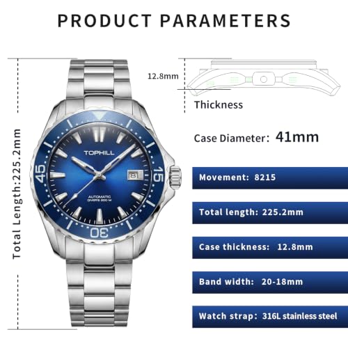 Image of TOPHILL Men Watches Automatic Mechanical Watches - Dive, GMT, Chronograph & Dress Styles | 316L Stainless Steel, Sapphire Crystal, Ceramic Bezel | 5ATM-300M Waterproof with Super Luminous | Classic Business & Sport Casual