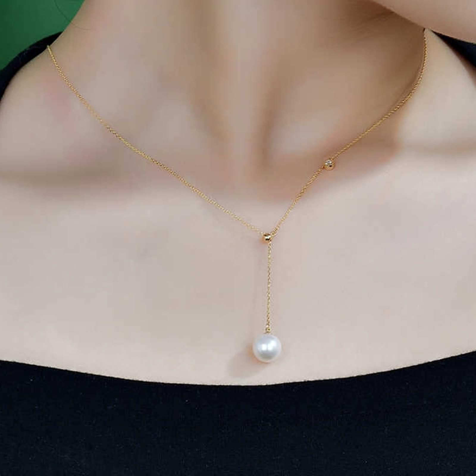 Damski łańcuszek na szyję, naszyjnik w stylu vintage, 8,5 mm, naszyjnik z pereł Y, ze szlifem okrągłym, diamentowym żółtym złotem