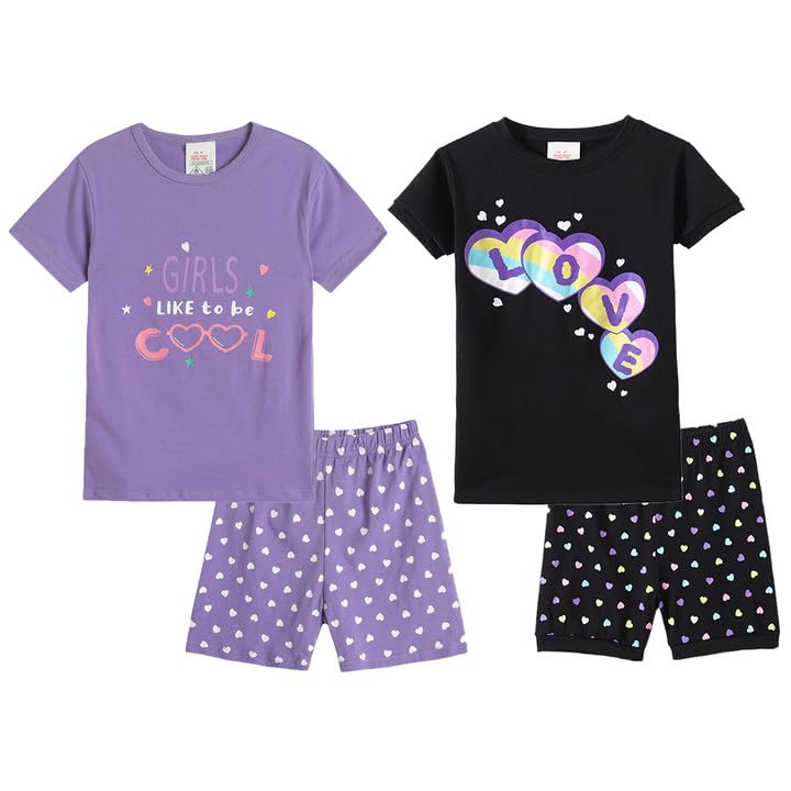 MyFav Big Girls Summer Pajama Set Heart Shape Printed Cute Sleepwear Shorts