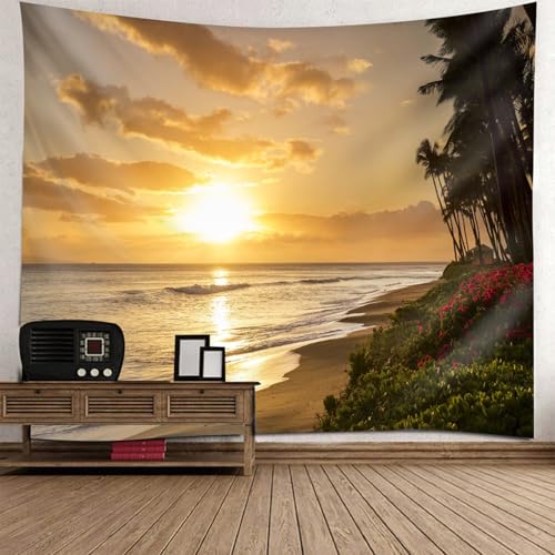 Tapisserie motif lever du soleil mer 210x140 grand format pour décoration murale salon
