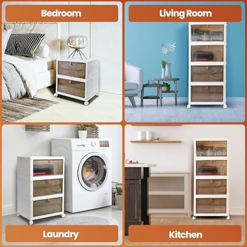 Image of 4 Pack Plastic Cupboard for Storage Multipurpose Stackable Cabinet Drawer, Foldable Wardrobe Organizer for Clothes, Kitchen Storage Cabinet, Modular Almirah with Magnetic Doors, Wheels (White)