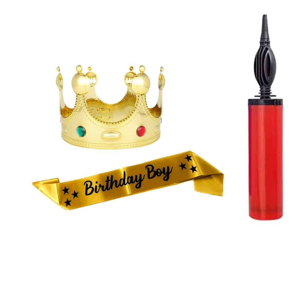 Decofy Birthday Boy Golden Sash & King Crown With Ballooon Pump,Crown For Boys,Mens -Balloon Pump - Any Random Color (B0CH33QF65) Amazon Price History, Amazon Price Tracker