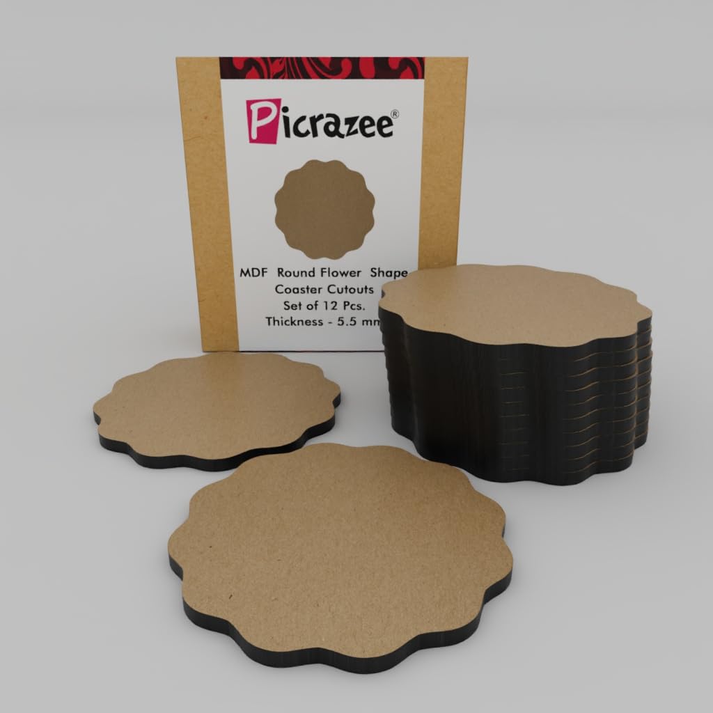 PICRAZEE MDF Wooden Coasters for DIY Craft, Mandala Art, Resin Art, Painting, Decoration Craft Kit, Round Flower Shape Set of 12 pcs Size 4 inch (WR_12)