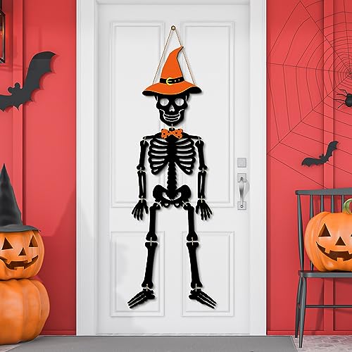 Colgante de puerta de esqueleto de Halloween, letrero de madera de calavera, decoración de esqueleto de Halloween, letrero rústico de Halloween, colgador de puerta delantera para decoración de pared