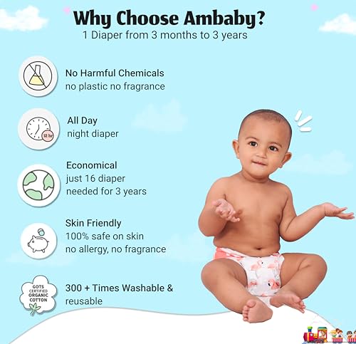 Image of Ambaby Cloth Diapers Pants Quick Dry Comfort GOTS Certified Free Size Button Adjustable, Washable And Reusable Multilayered Cotton Pads And Boosters Cup Cakes Printed