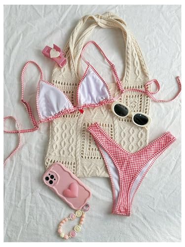 Women's 2 Piece Y2K Gingham Bikini Sets Plaid Bow Triangle Bathing Suit Checkered Bikini Coquette Swimsuit2