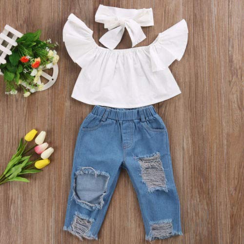 Ambabe 3Pcs Toddler Baby Girl Summer Clothes Solid White Off Shoulder Tube Top+Ripped Jeans+Headband Pants Outfits Set, 3-4T #TOP1